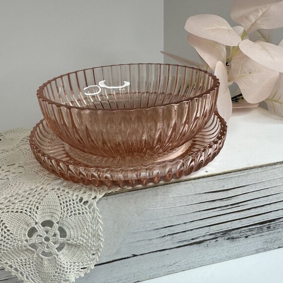 Anchor Hocking QUEEN MARY Pink Depression Glass Berry Candy Bowl Plate Set 1940s - Picture 13 of 15